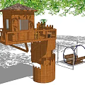 Wooden Treehouse Tower Structure With Platform And Adjacent Swing Under Green Trees