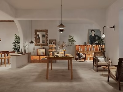 Cozy Natural Style Café Interior With Wooden Tables Green Plants Bookshelves And Hanging Lamps 3d model