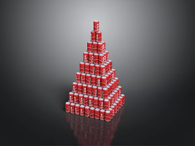 Red Cans Stacked In Pyramid Shape Tower Display On Black Surface 3d model