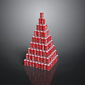 Red Cans Stacked In Pyramid Shape Tower Display On Black Surface