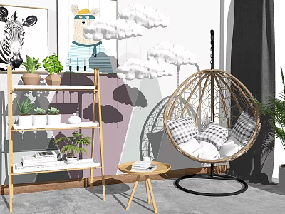 Cozy Wicker Hanging Chair With Plush Cushions Plants Decorative Paintings And Cloud Wall Decor 3d model