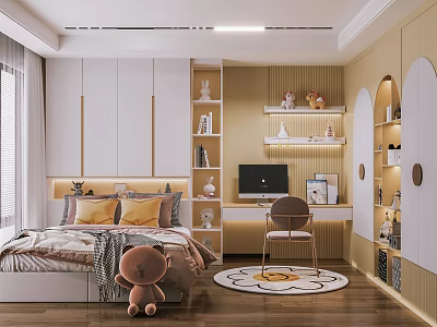 Tatami Bedroom Interior With Tatami Bed Yellow Pillows Desk Computer Chair And Round Rug 3d model