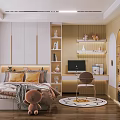 Tatami Bedroom Interior With Tatami Bed Yellow Pillows Desk Computer Chair And Round Rug