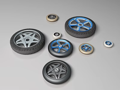 Automotive Tires Featuring Various Alloy Wheel Designs In Black Blue And Gold Colors 3d model