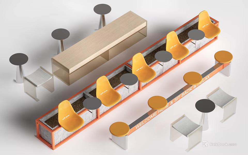 Modern Table and Chair Set with Orange Seats Gray Tables and Wooden Bench 3d model 