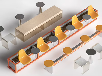 Modern Table and Chair Set with Orange Seats Gray Tables and Wooden Bench 3d model