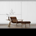 Stylish Brown Lounge Chair With Ottoman Side Table And Vase Against Vertical Blinds
