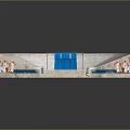 Arched Structure With White Seats Blue Central Area And Decorative Side Elements