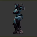 Blue Skinned Female Warrior in Armored Outfit Holding Large Axe With Skull at Feet