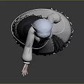 3D Blue Hair Character In Black White Maid Outfit With Red Bow And Lace Trim