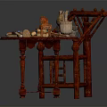 Traditional Red Wooden Table And Chair Set With Decorative Items Teacups Jars And Fruits