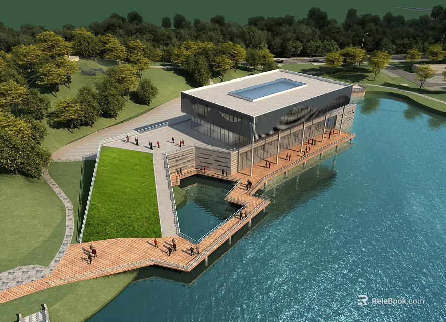 Modern Industrial Factory Building With Waterfront Lake Greenery Trees And Wooden Boardwalk 3d model 