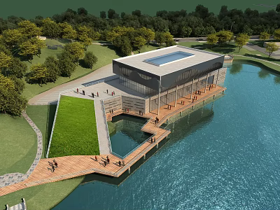 Modern Industrial Factory Building With Waterfront Lake Greenery Trees And Wooden Boardwalk 3d model