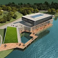 Modern Industrial Factory Building With Waterfront Lake Greenery Trees And Wooden Boardwalk