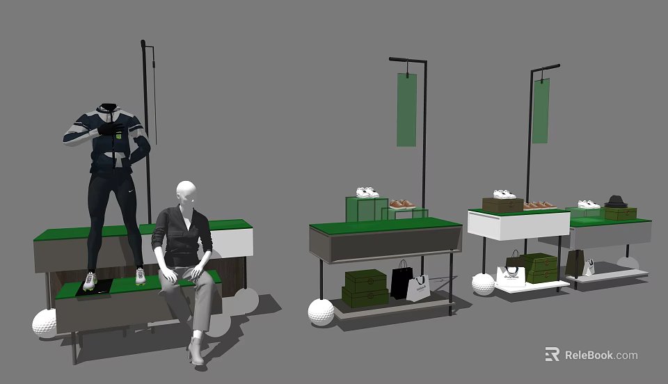 Modern Minimalist Display Shelves With Mannequins Decorative Bags And Metal Frames 3d model 