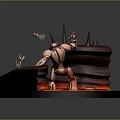 Cartoon Scene Featuring Robot With Mechanical Arm And Small Character On Lava Ground Rock Formation