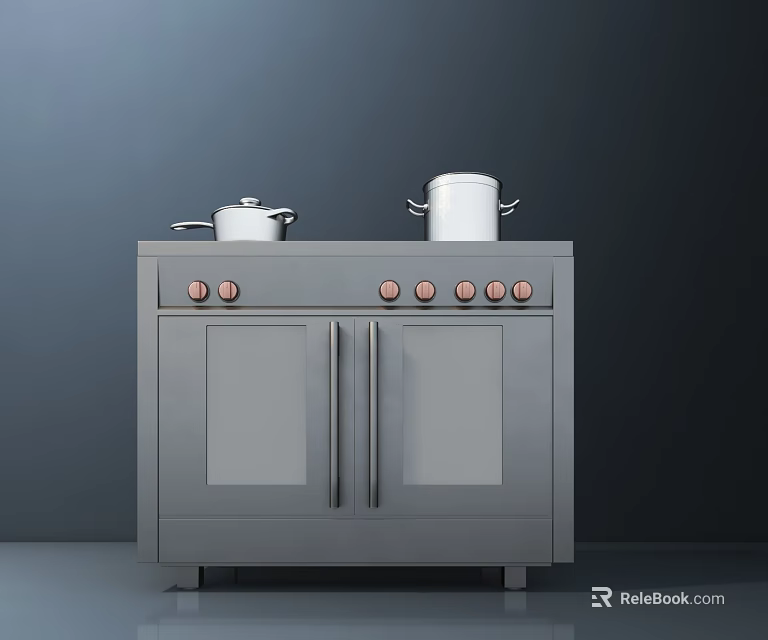 Sleek Modern Gray Kitchen Appliance With Double Doors Knobs And Pots On Top 3d model 