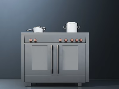 Sleek Modern Gray Kitchen Appliance With Double Doors Knobs And Pots On Top 3d model