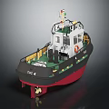 Tugboat Water Vessel with Black Red Hull White Superstructure Green Deck Railings and TUG Marking