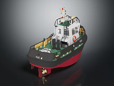 Tugboat Water Vessel with Black Red Hull White Superstructure Green Deck Railings and TUG Marking 3d model