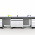 Laboratory Workbench with Colored Conical Flasks Drawers and Cabinets in White and Gray Design