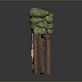 Stack of Green Stones on Wooden Crate with Blue Label Red Patterns and Small Sign