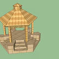Wooden Hexagonal Pavilion Structure With Stone Base And Garden Steps