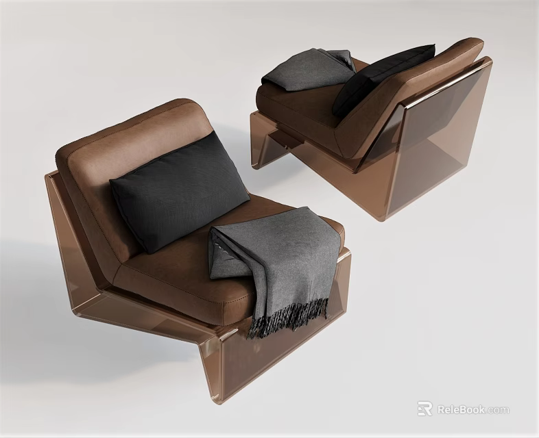 Brown Single Sofa Interior With Black Cushions And Gray Blanket Modern Geometric Design 3d model 
