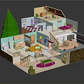 Cartoon Style 3D House Cutaway Model Featuring Various Rooms Furniture Staircase And Car