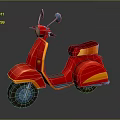 Vintage Red Scooter With Orange Accents And Blue Wheels On Dark Background