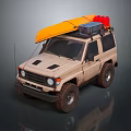 Beige Off Road Vehicle with Orange Kayak Blue Storage and Red Gear on Roof Rack