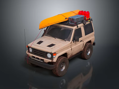 Beige Off Road Vehicle with Orange Kayak Blue Storage and Red Gear on Roof Rack 3d model