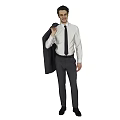 Man in White Shirt Black Tie Gray Pants Holding Suit Jacket from Different Angles