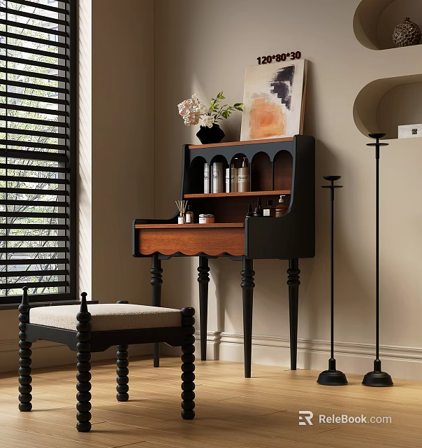 Classic Vanity Table With Black Frame Wooden Top Drawer Shelf Stool And Wall Art 3d model 