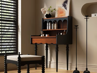 Classic Vanity Table With Black Frame Wooden Top Drawer Shelf Stool And Wall Art 3d model