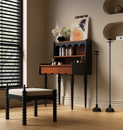 Classic Vanity Table With Black Frame Wooden Top Drawer Shelf Stool And Wall Art 3d model