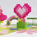 Cheerful Mall Shop Featuring Pink Heart Decoration Green Display Stands Colorful Flowers And Rainbow