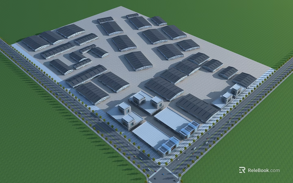 Large Industrial Factory Complex Featuring Multiple Buildings And Modern Roof Structure Design 3d model