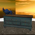 Vintage Blue Storage Cabinet With Wooden Top Multiple Drawers And Decorative Figurine