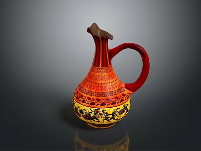 Decorative Ceramic Pitcher With Red Handle Orange Yellow Body And Black Patterns 3d model