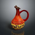 Decorative Ceramic Pitcher With Red Handle Orange Yellow Body And Black Patterns 3d model