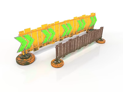 Yellow Traffic Barriers With Green Arrow Signs And Brown Fence On Wheeled Bases 3d model
