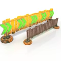 Yellow Traffic Barriers With Green Arrow Signs And Brown Fence On Wheeled Bases
