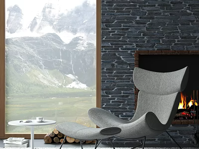 Modern Upholstered Leisure Chair by Stone Wall Fireplace with Mountain View 3d model