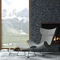 Modern Upholstered Leisure Chair by Stone Wall Fireplace with Mountain View