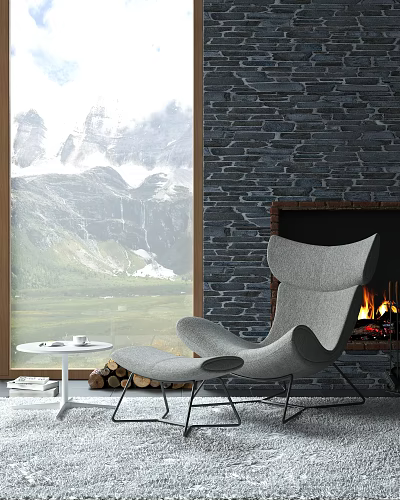 Modern Upholstered Leisure Chair by Stone Wall Fireplace with Mountain View 3d model