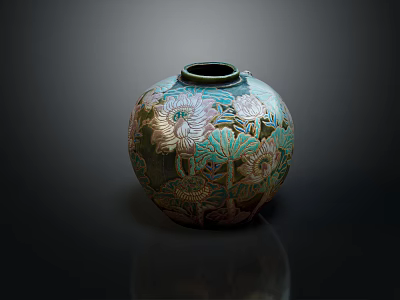 Round Decorative Ceramic Vase with Intricate Floral Patterns and Glossy Finish 3d model
