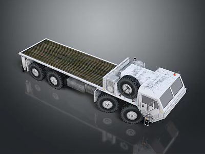 Heavy Duty Flatbed Truck With Multiple Wheels And White Cab For Cargo Transport 3d model