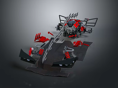 3D Mechanical Structure Model With Black Red Components And Intricate Spring Parts 3d model