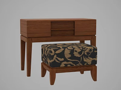 Modern Wooden Dressing Table With Drawers And Floral Pattern Stool 3d model